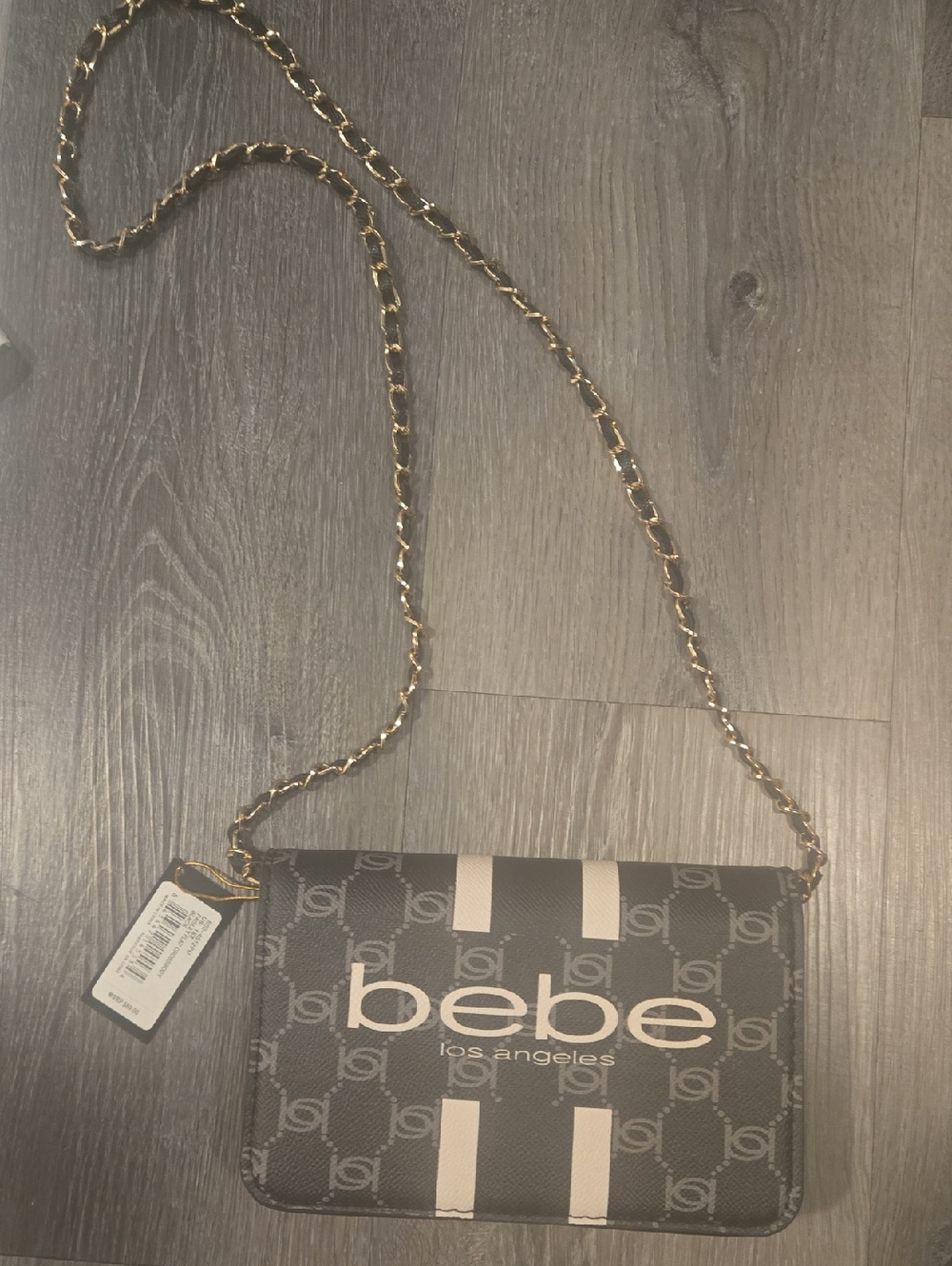 NWT bebe Paisley Flap Crossbody Bag Black Cream Gold Chain MSRP $89